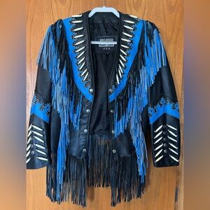 Rodeo Rider Women's Black Leather Fringe Jacket with Blue Accents
